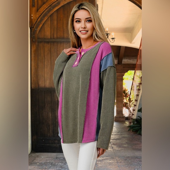 Olive fuchsia textured bubble sleeve button bohemian tunic top shirt Henley - Picture 4 of 6